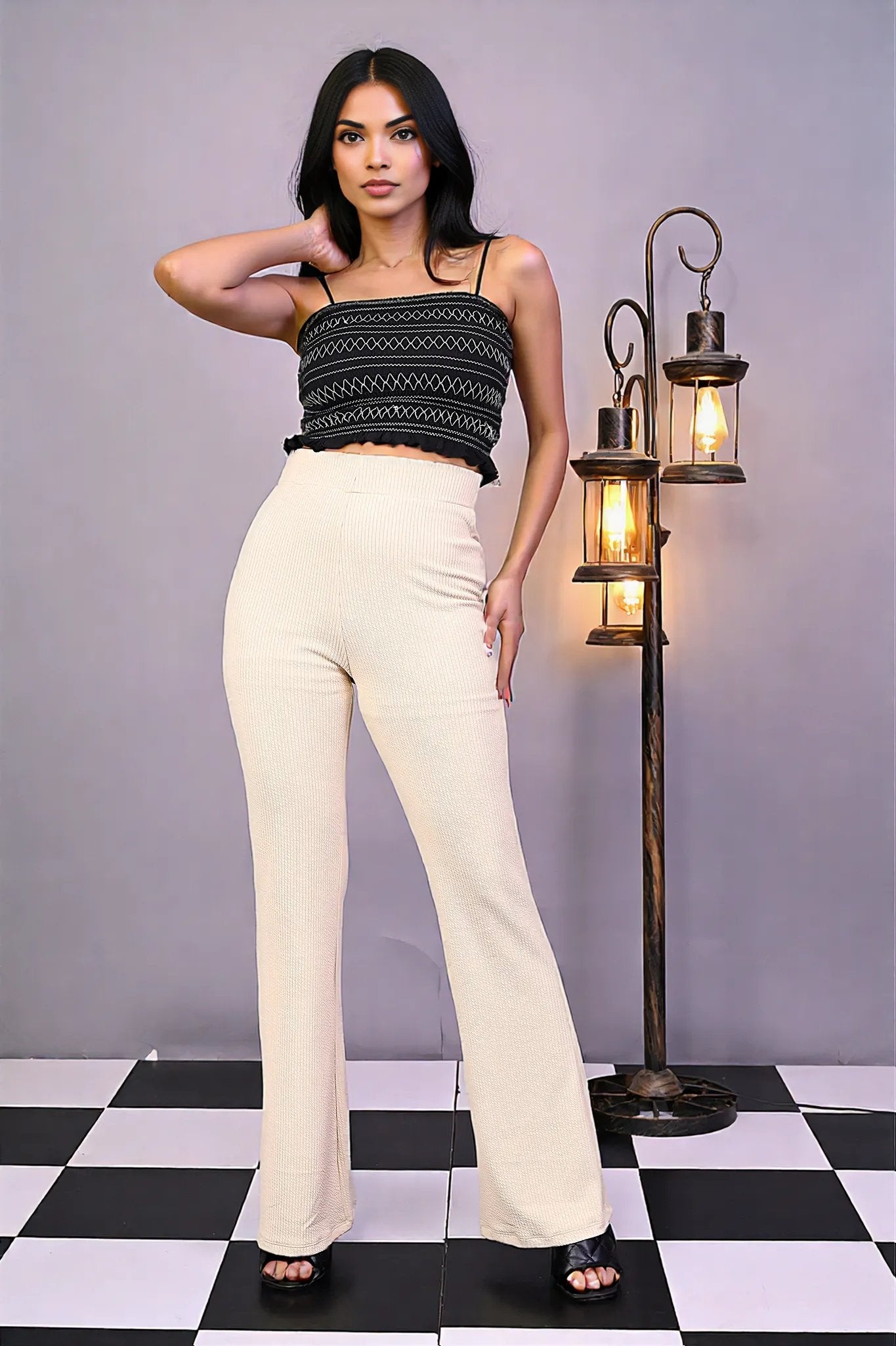 Cream Knitted Flare Pants
