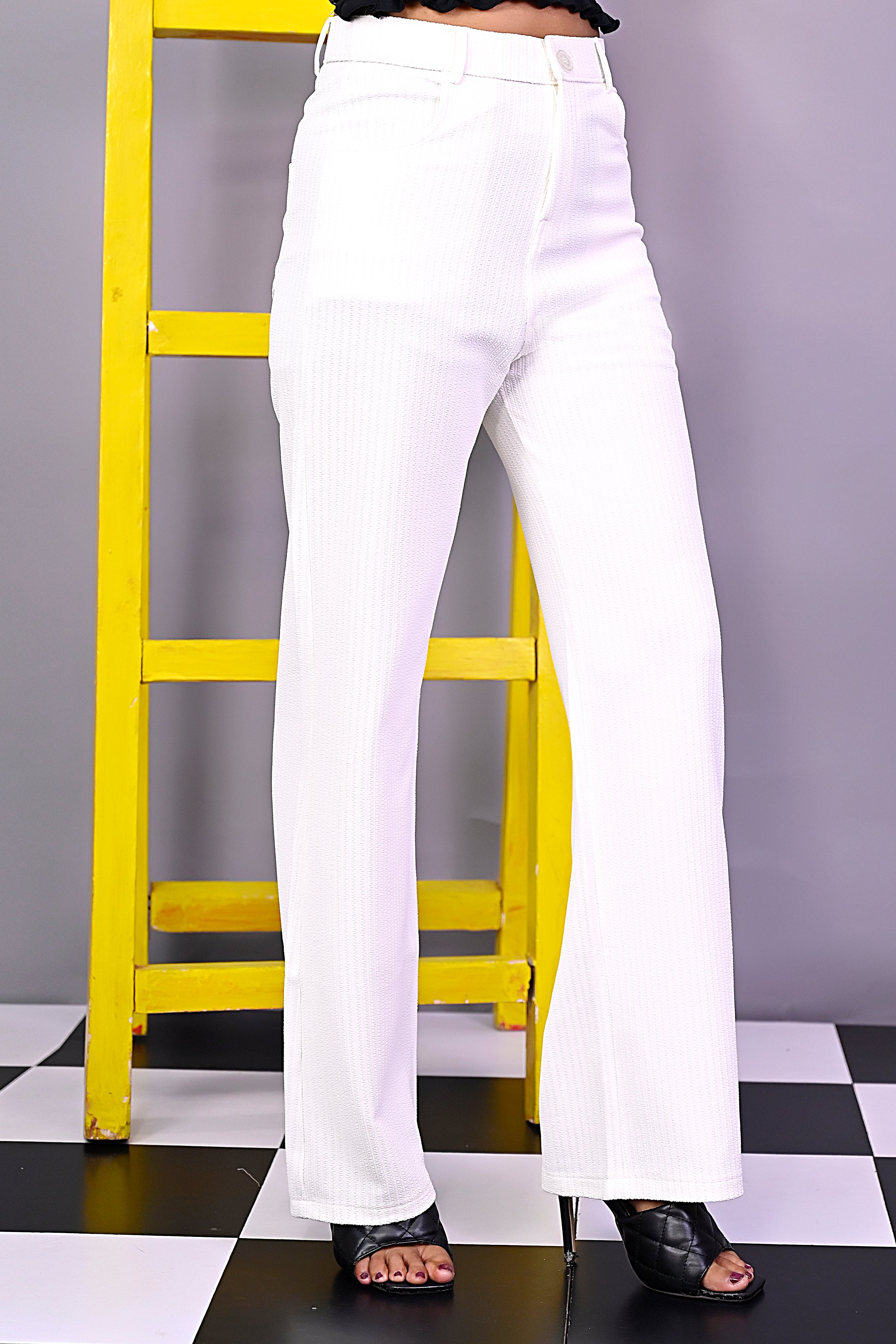 White Knitted Wide Leg Trousers
