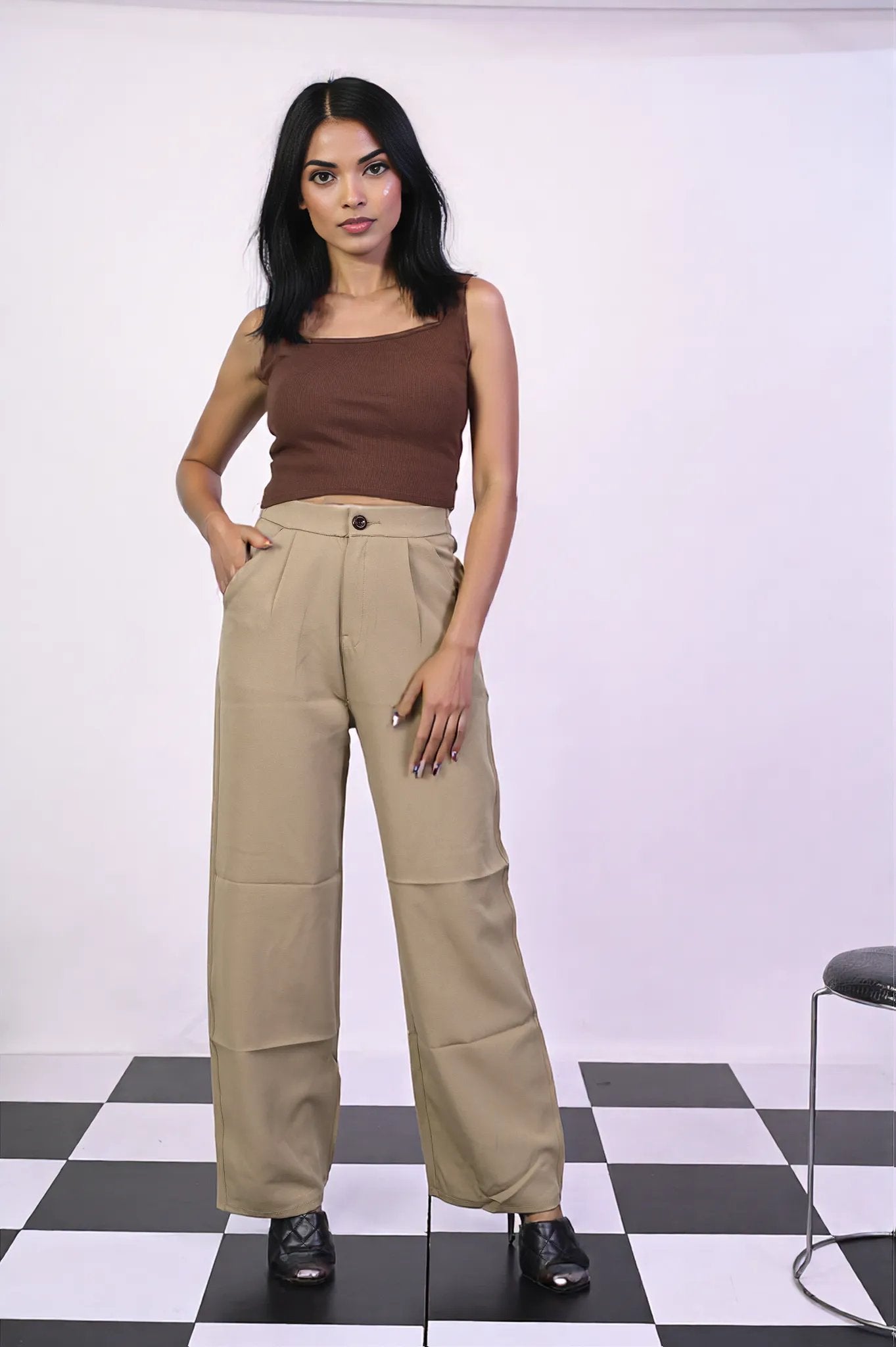 Khakhi Pleat Korean Pants