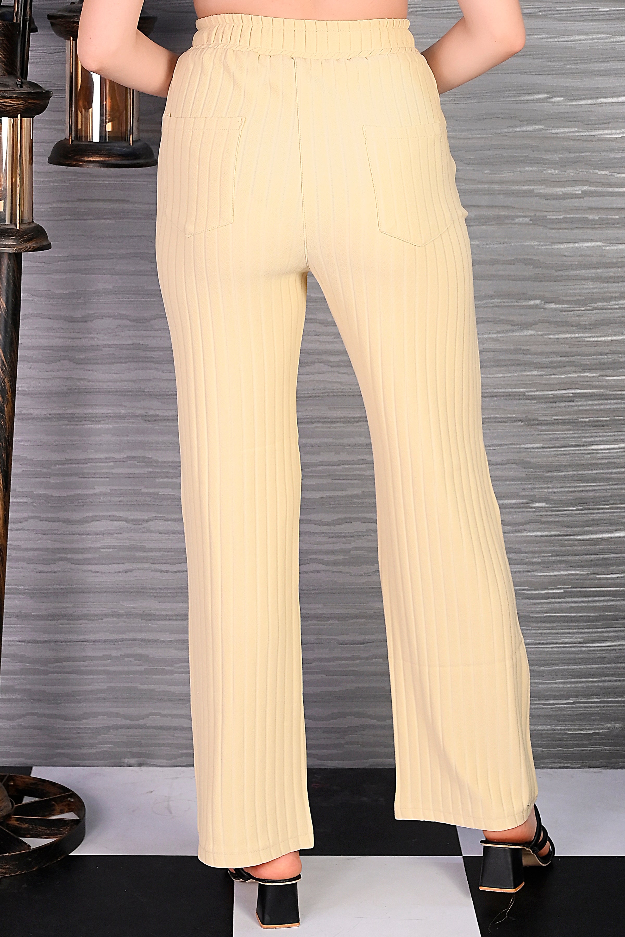 Cream Knitted Wide Leg Drawstring Pants