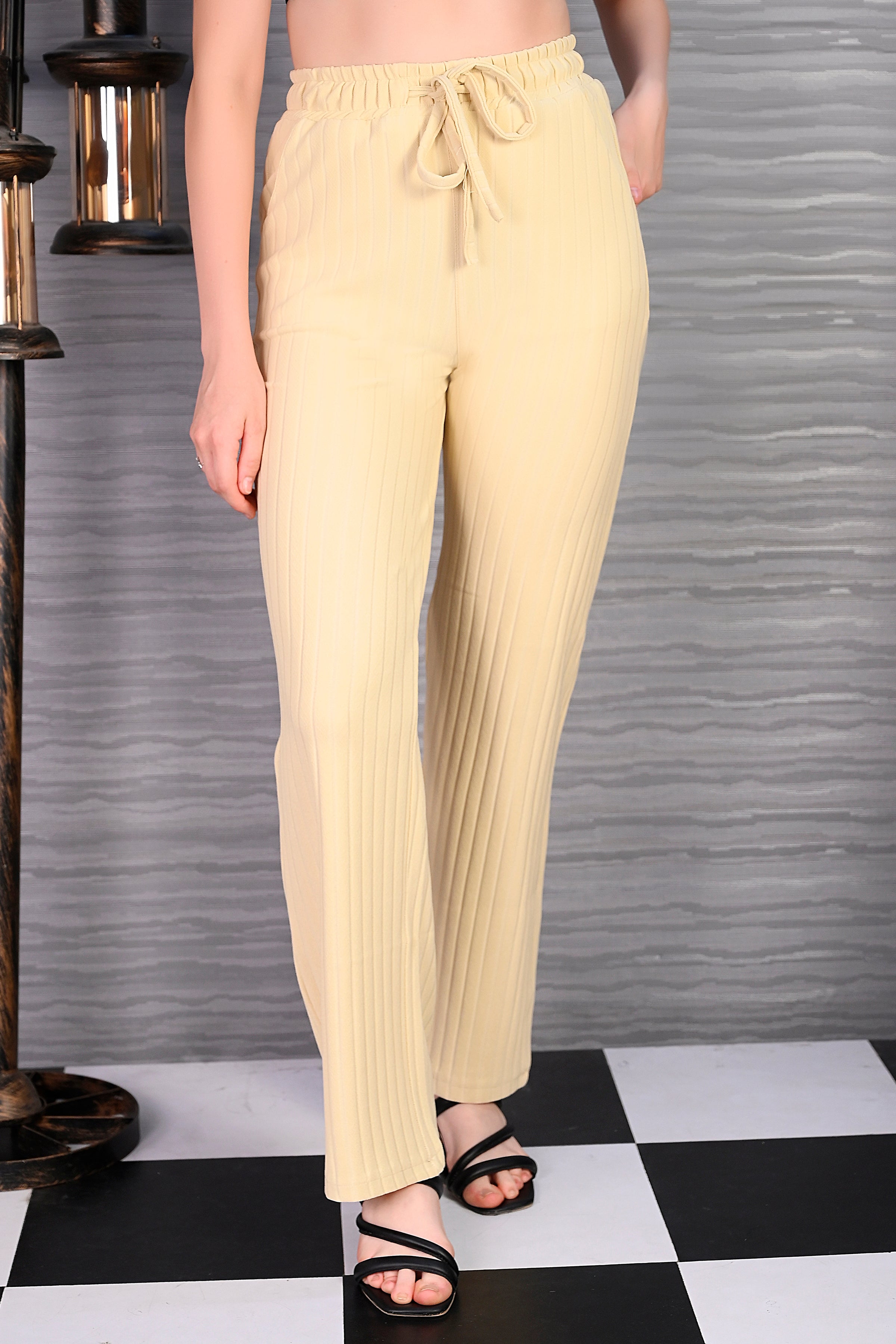 Cream Knitted Wide Leg Drawstring Pants