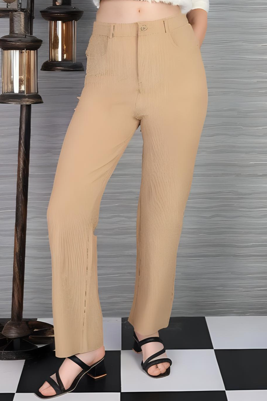 Beige Knitted Wide Leg Trousers