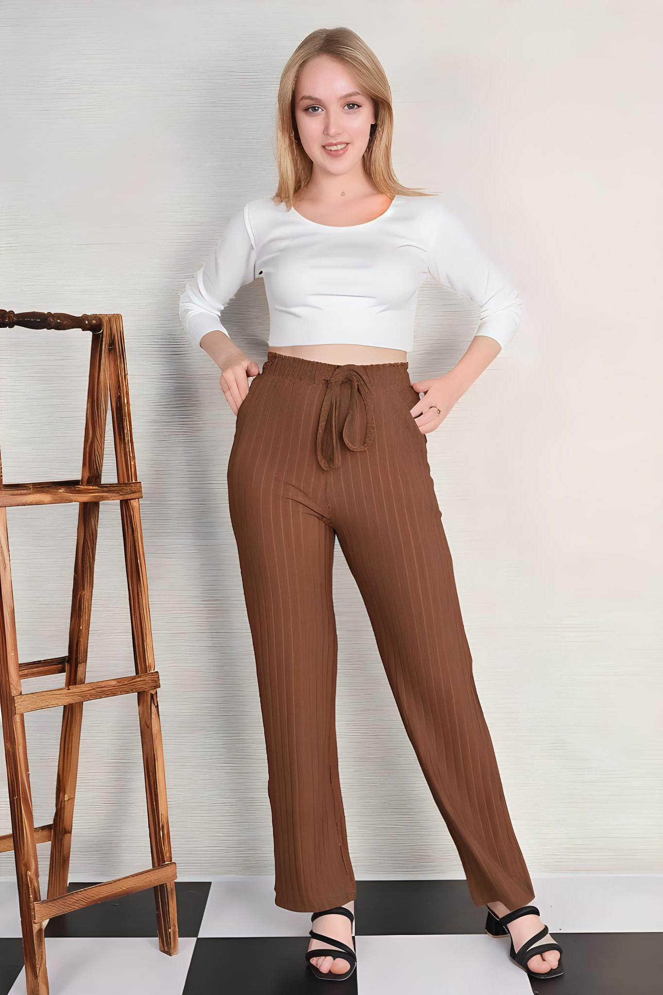 Coffee Knitted Wide Leg Drawstring Pants