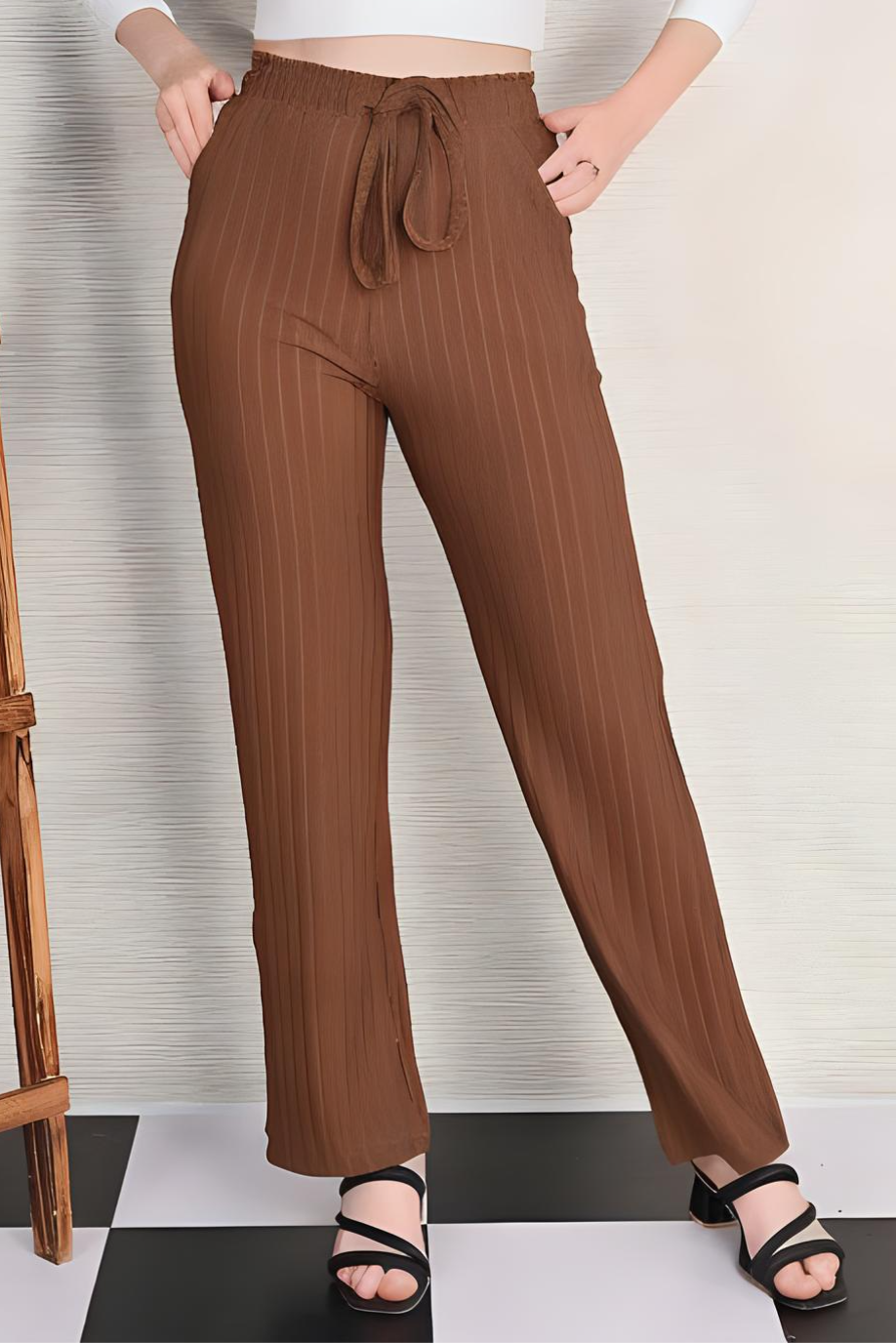 Coffee Knitted Wide Leg Drawstring Pants