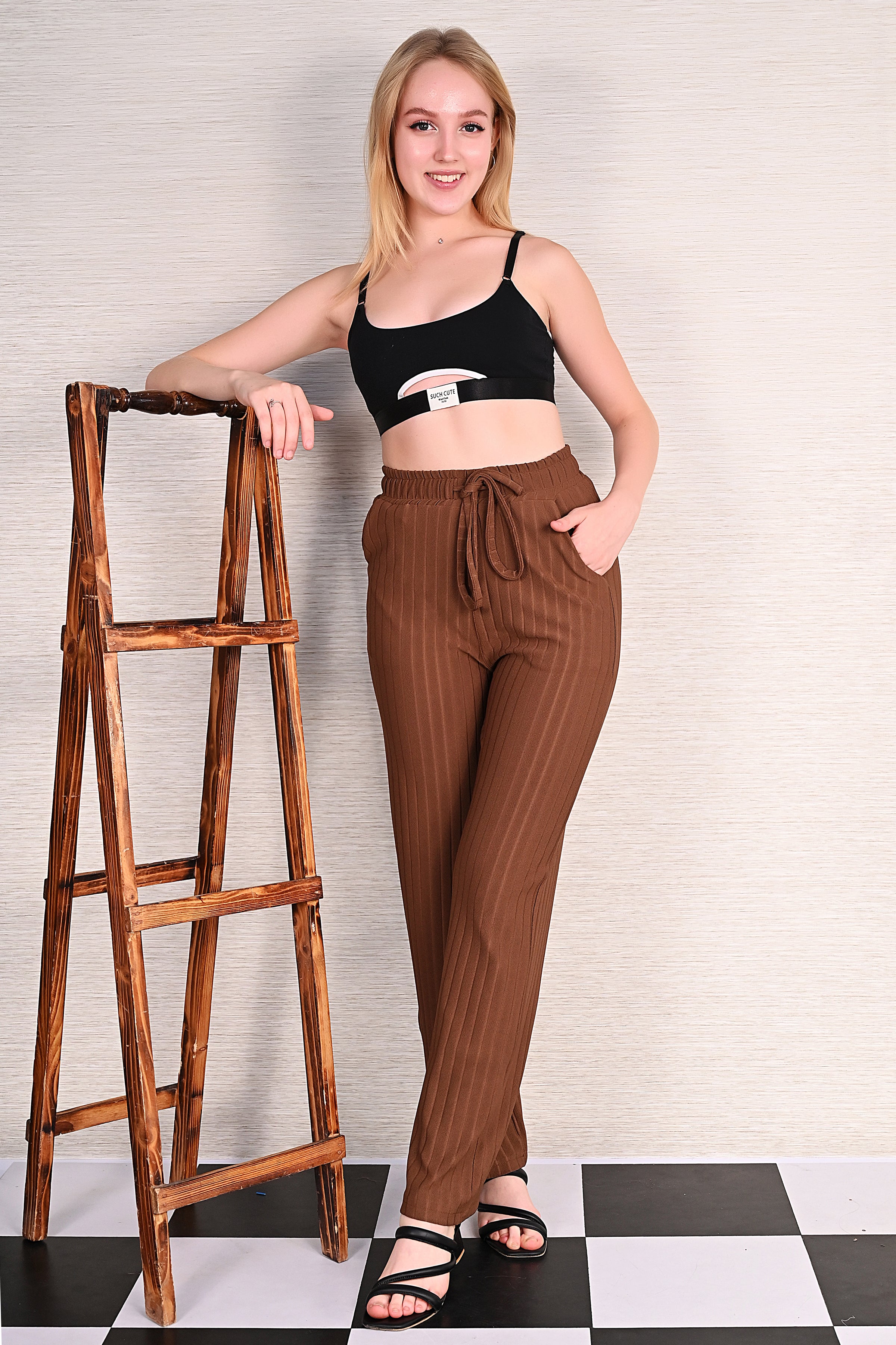 Coffee Knitted Wide Leg Drawstring Pants