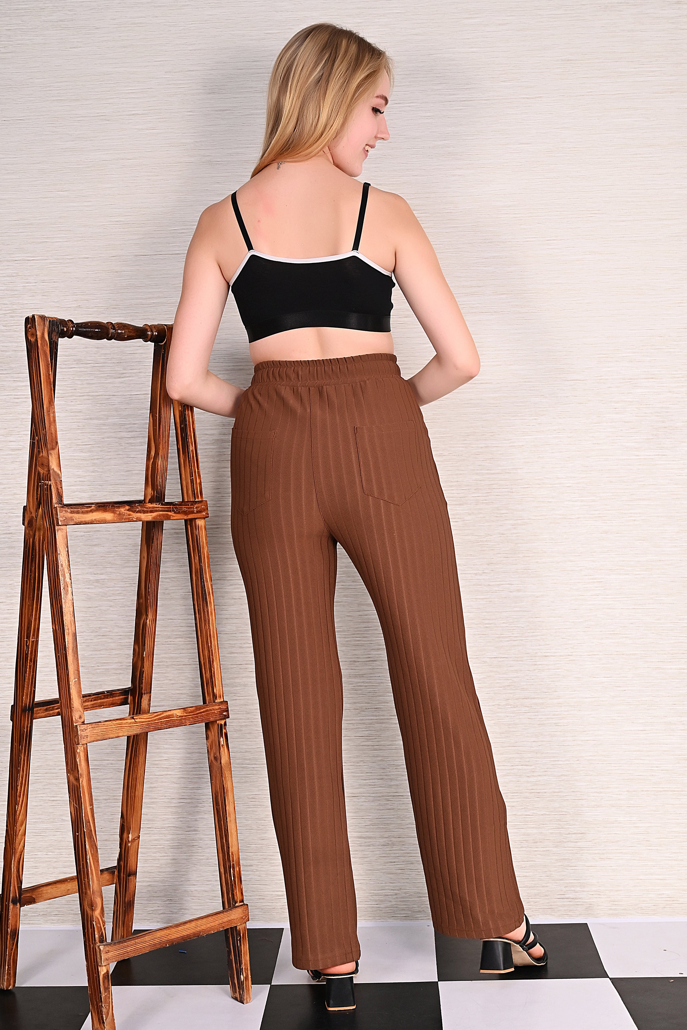 Coffee Knitted Wide Leg Drawstring Pants