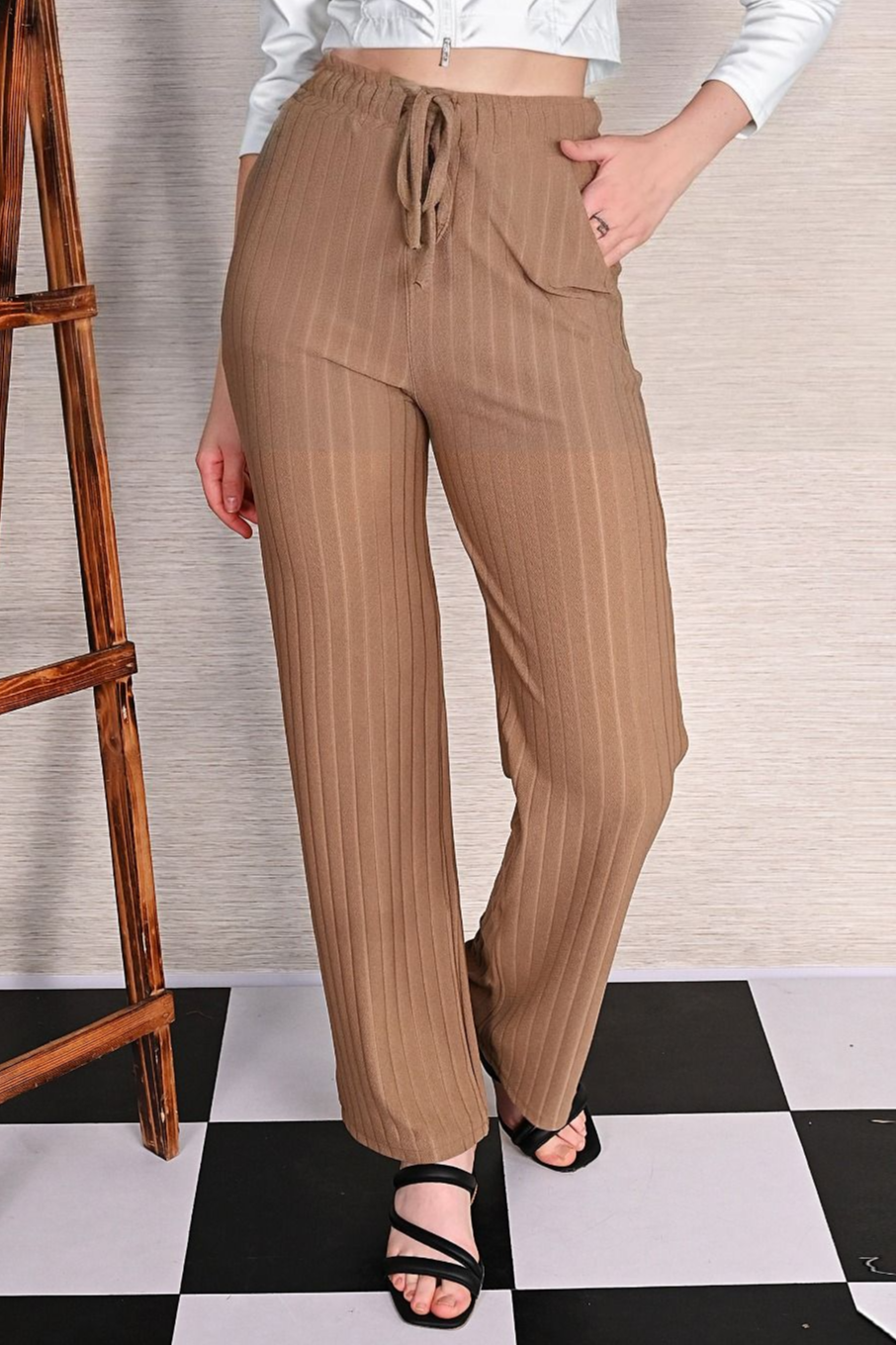 Beige Knitted Wide Leg Drawstring Pants