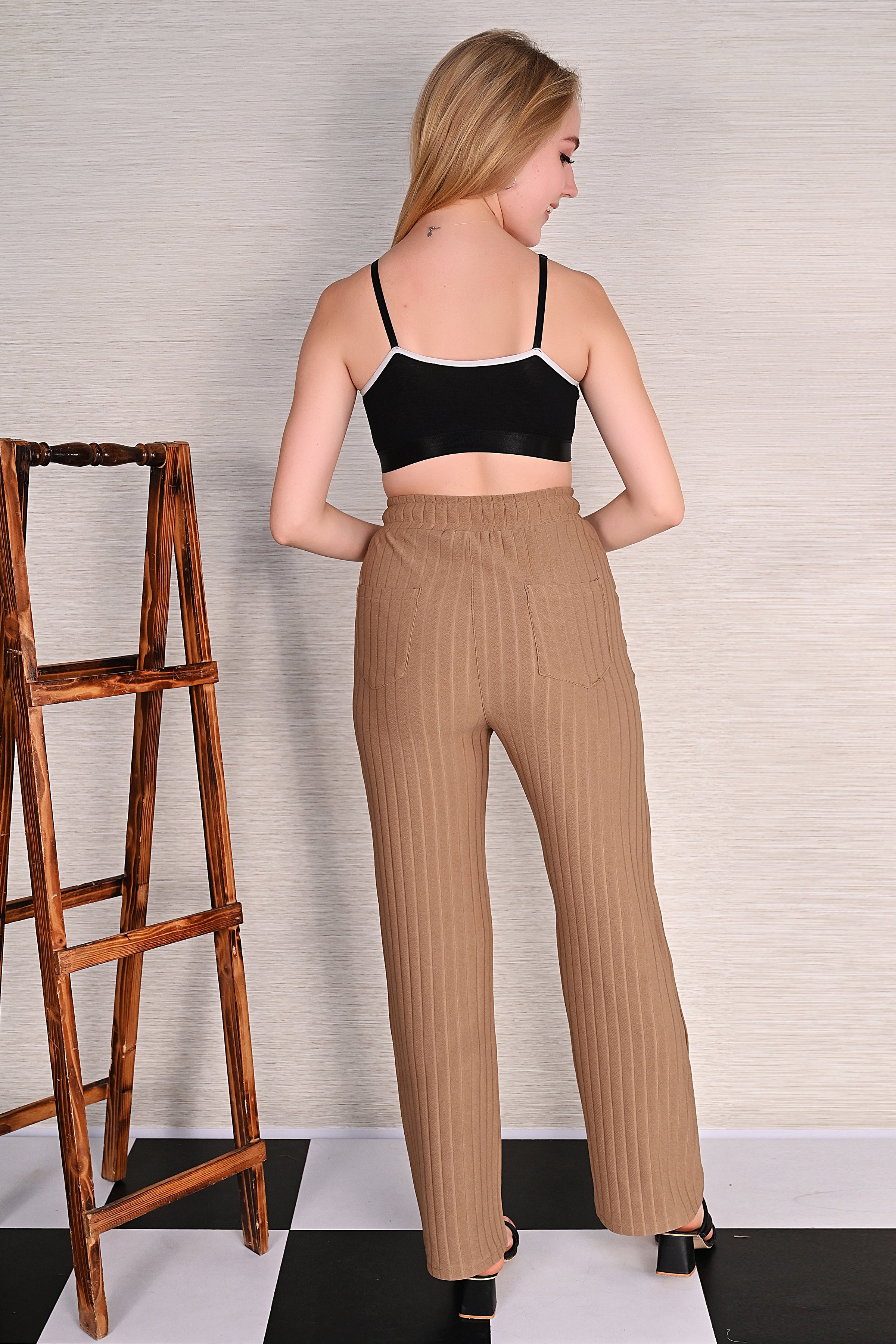Beige Knitted Wide Leg Drawstring Pants