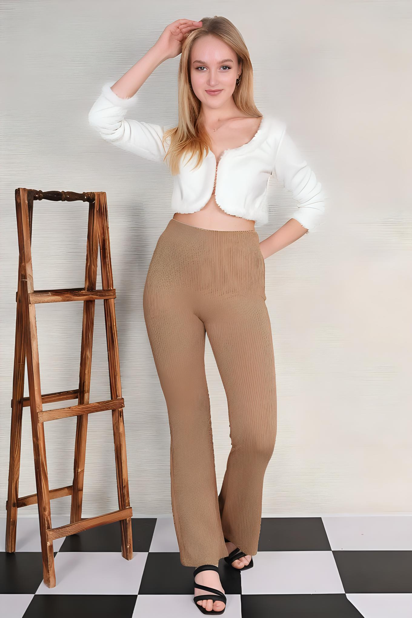 Beige Knitted Flare Pants