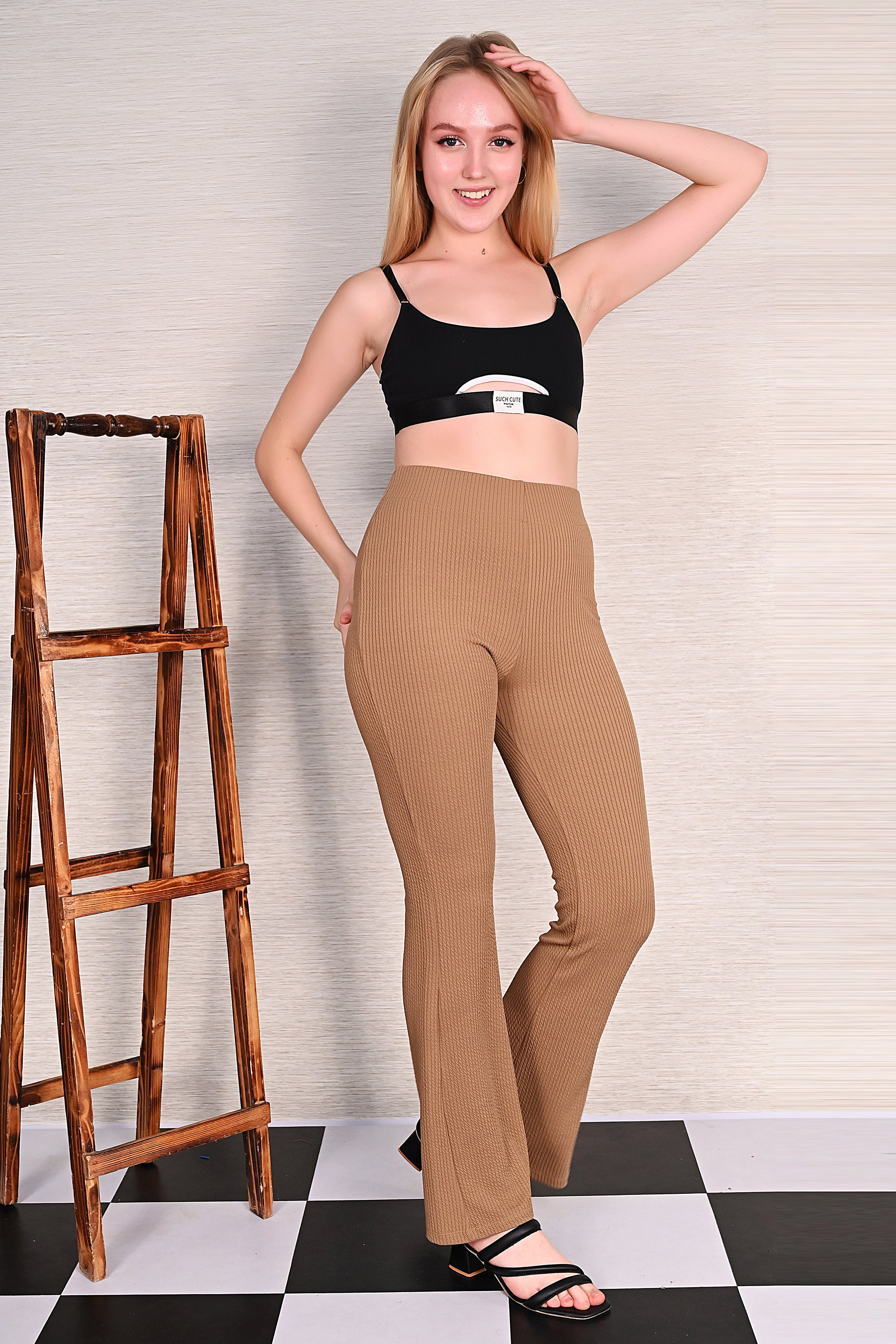 Beige Knitted Flare Pants