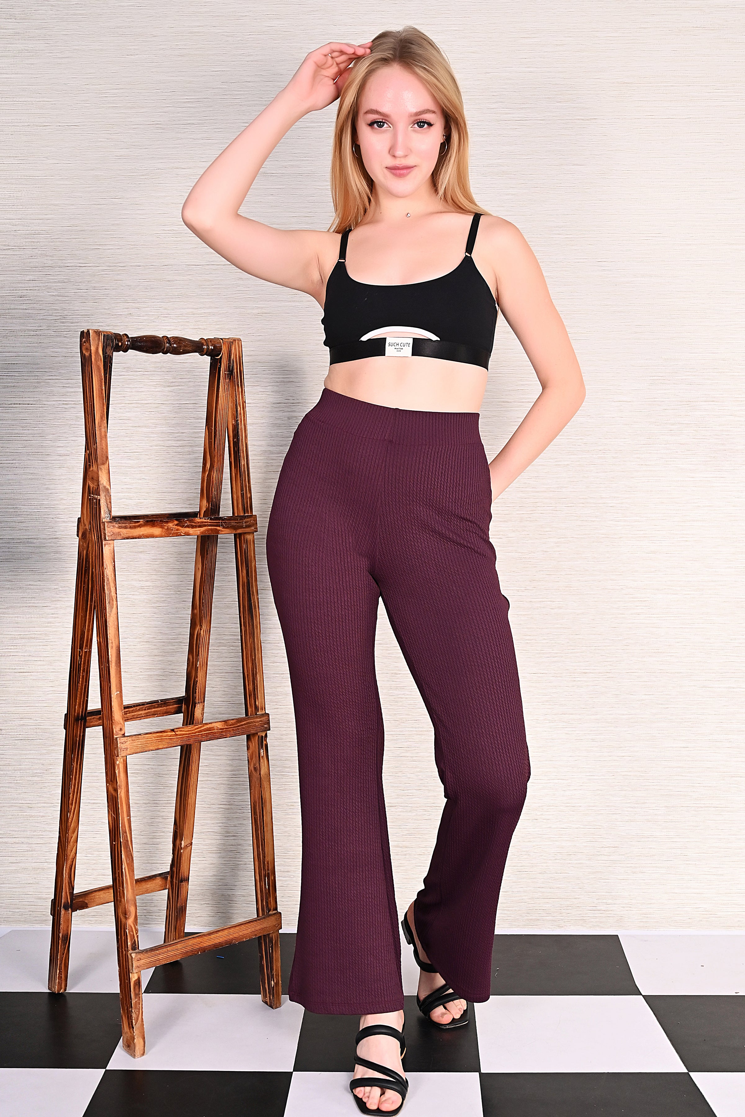 Wine Knitted Flare Pants