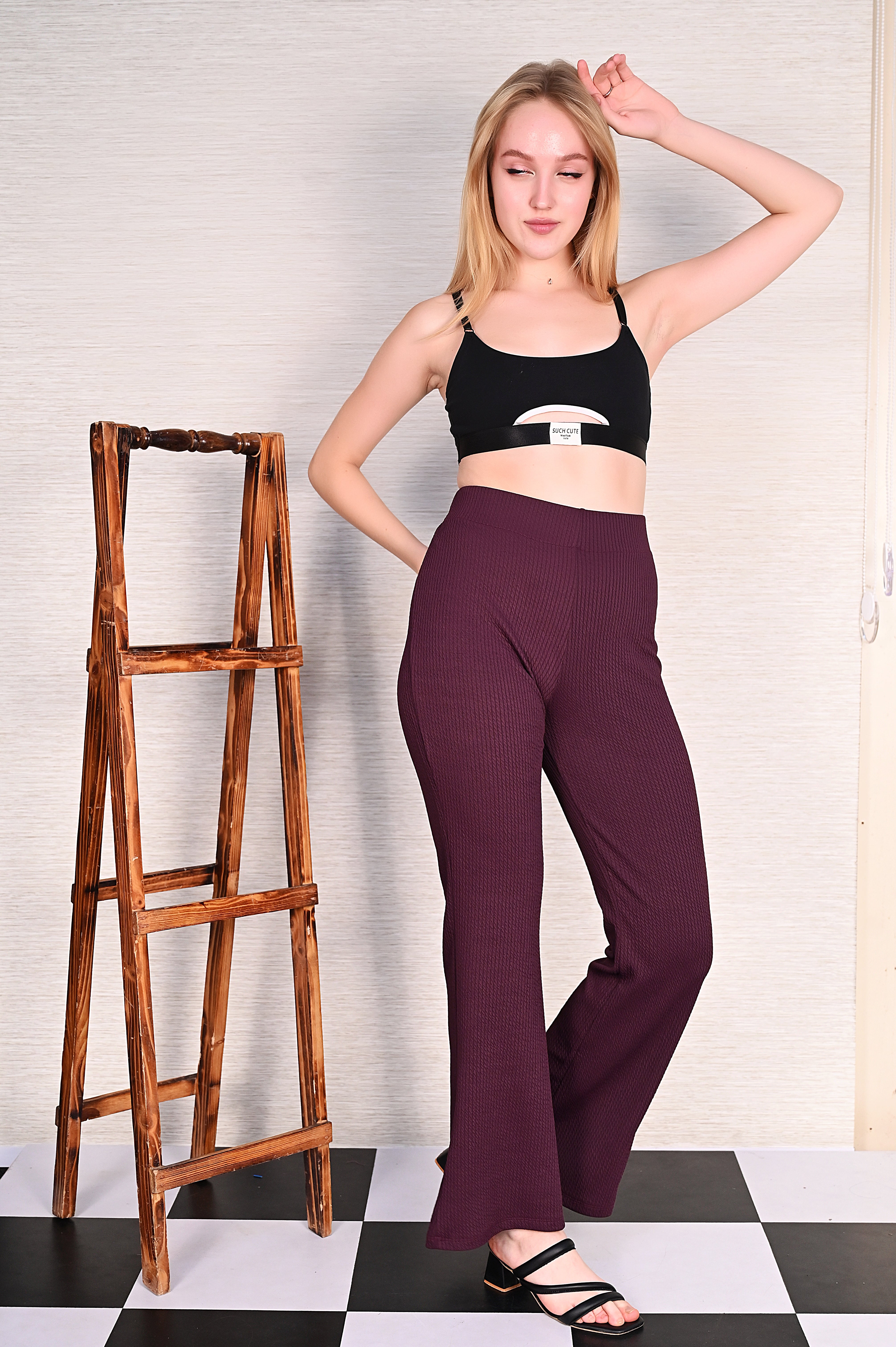 Wine Knitted Flare Pants