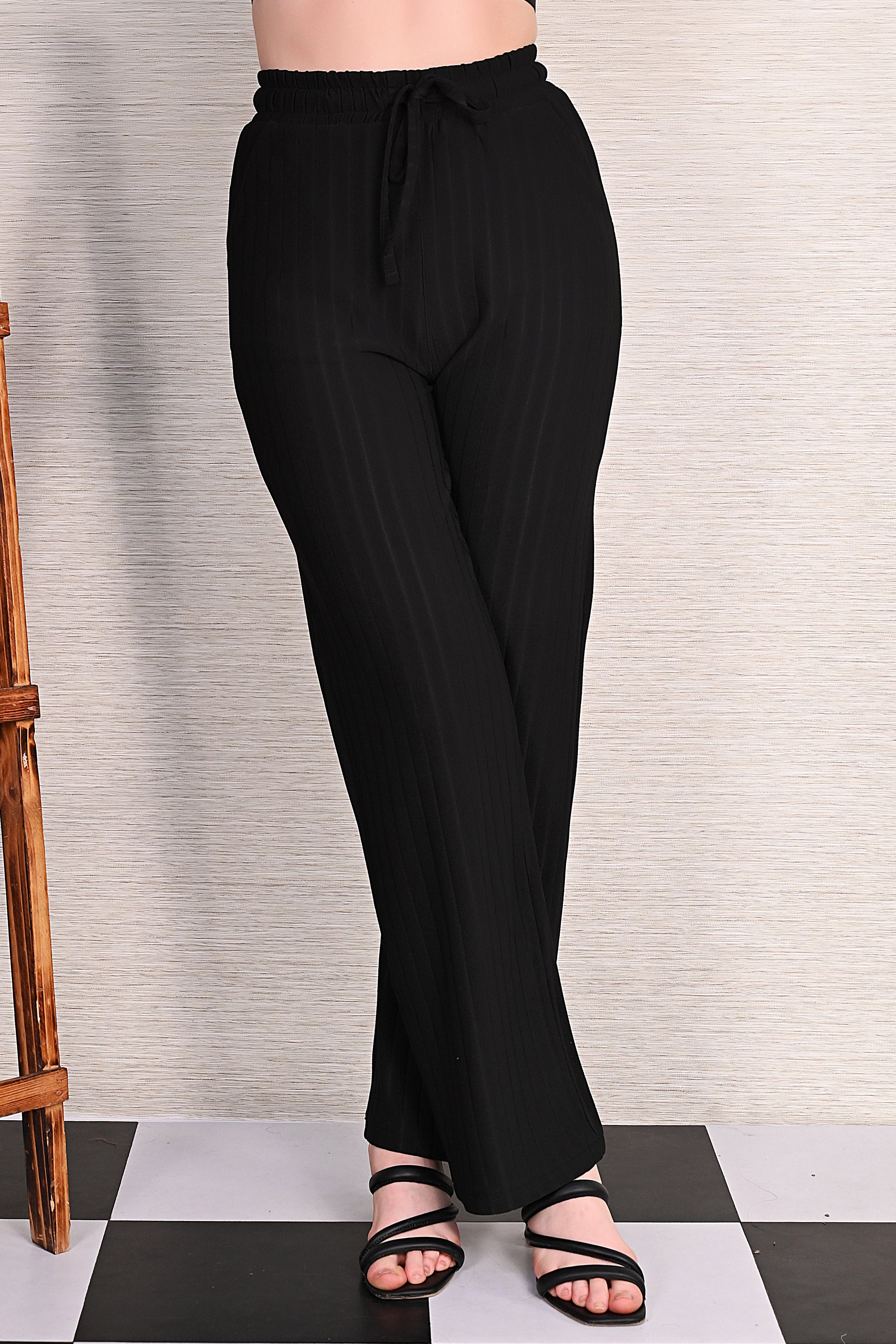 Black Knitted Wide Leg Drawstring Pants