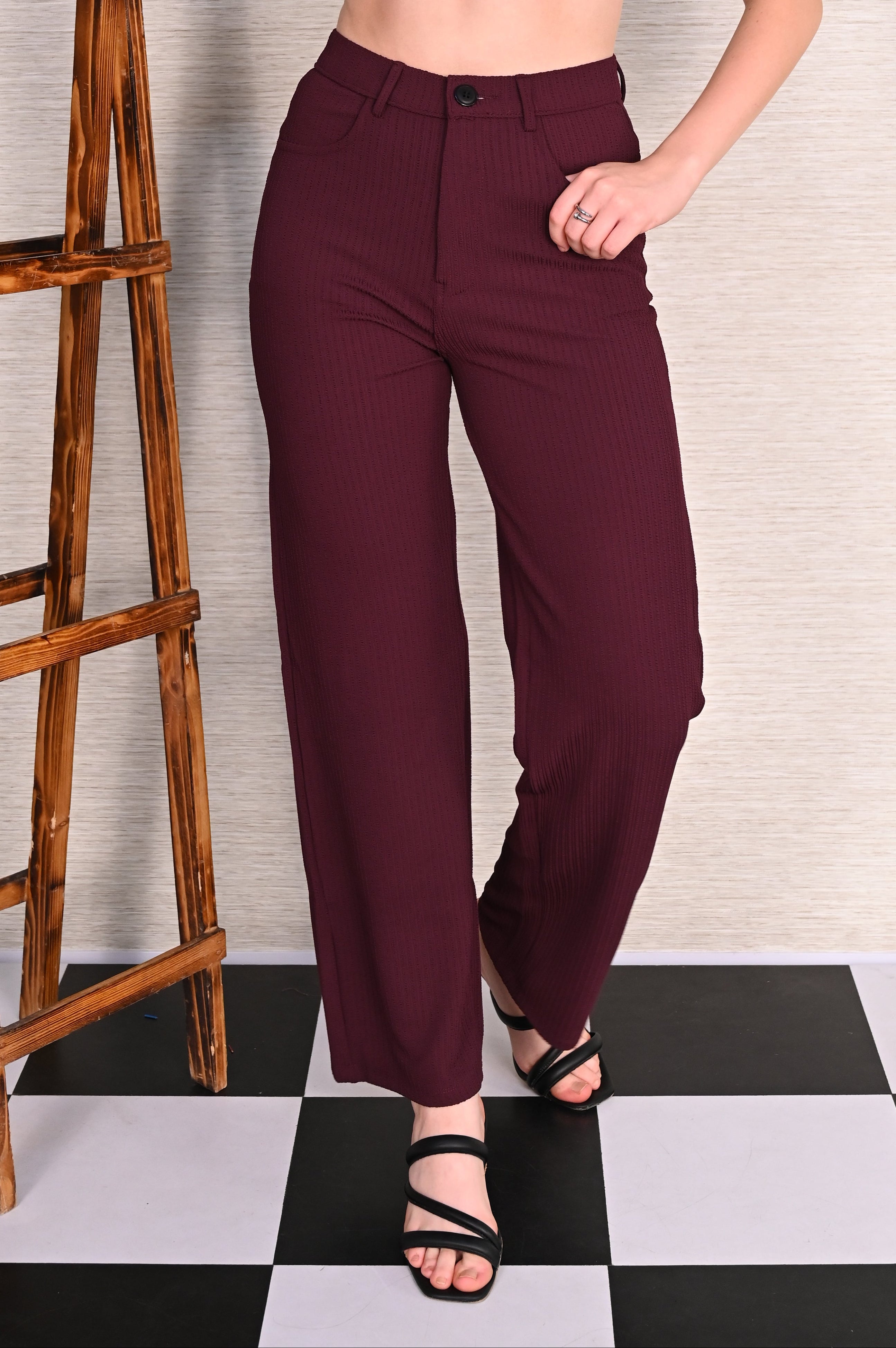 Wine Knitted Wide Leg Trousers