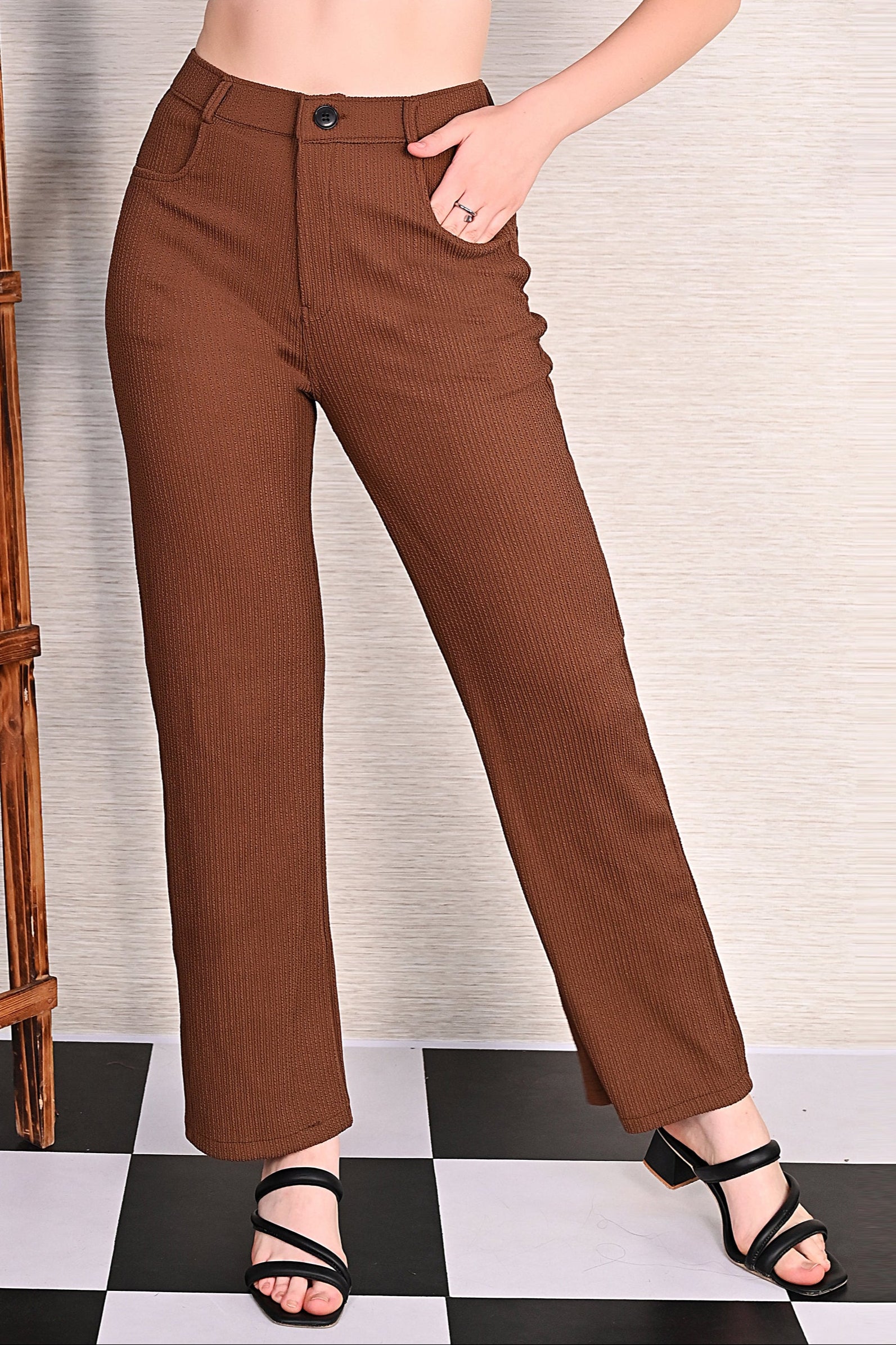 Coffee Knitted Wide Leg  Trousers